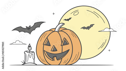 Modern Vector illustration of a Halloween pumpkin with a spooky carved face, Halloween pumpkin vector silhouette, easily editable.