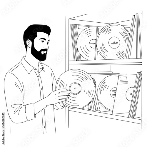 Man with beard holding vinyl record in front of record shelf filled with albums and covers inside