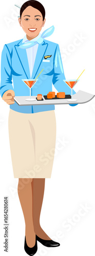 Korean flight attendant with tray of food