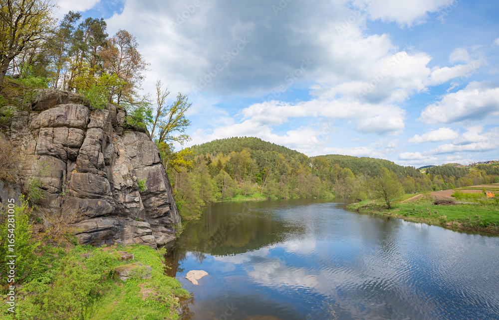 Fototapeta premium Climbing rocks on the banks of Schwarzer Regen River, tourist attraction in Lower Bavaria near Viechtach