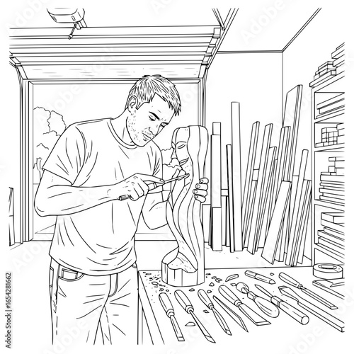 Man carving a wooden sculpture in a workshop with tools and wood planks in the background