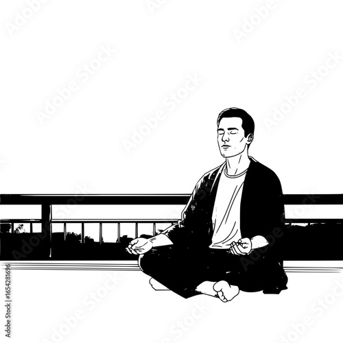 A man in meditation pose sitting cross legged on a balcony with a city view in black and white style