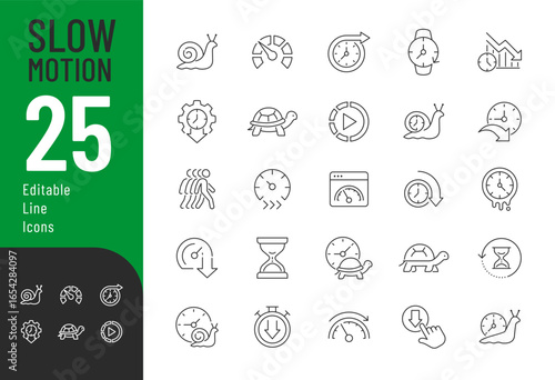 Slow Editable Icons set. Vector illustration in modern thin line style of speed related icons: productivity, time, turtle, snail, and more. Isolated on white background.