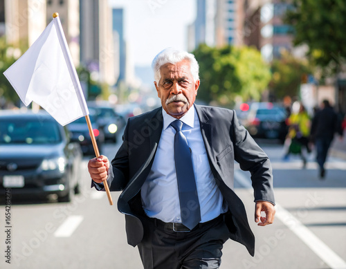 Senior man in suit running and holding white flag on city street with traffic