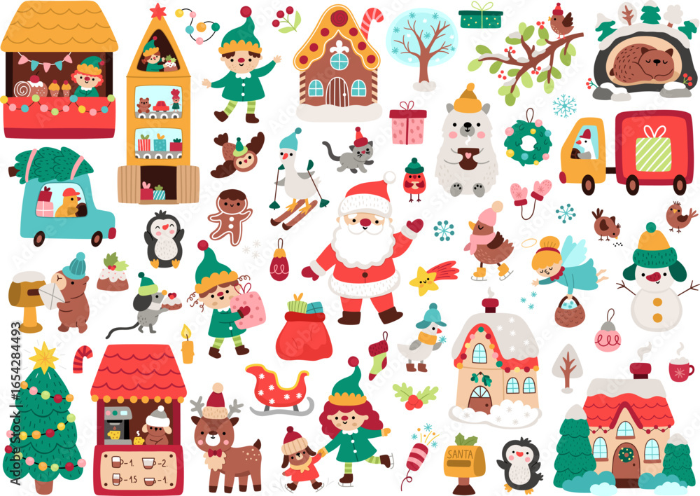 Fototapeta premium Vector Christmas clipart set. New Year icons collection with Santa Claus, elves, deer, fir tree, presents, houses, animals, snowman. Cute festive illustrations for kids. Winter holiday design pack