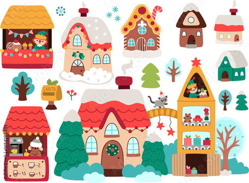 Vector Christmas houses clipart set. Cute New Year winter home icons collection for kid.  Holiday illustration with gingerbread cottage, fair, Santa Clause toy fabric, coffee market stall