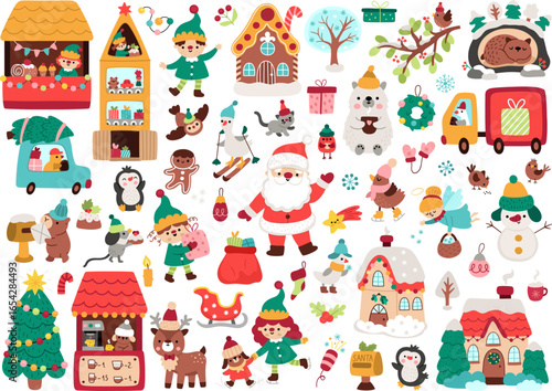 Vector Christmas clipart set. New Year icons collection with Santa Claus, elves, deer, fir tree, presents, houses, animals, snowman. Cute festive illustrations for kids. Winter holiday design pack