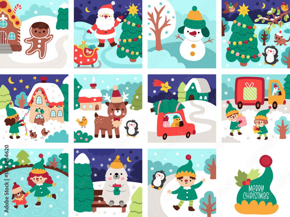 Naklejka premium Vector square Christmas village landscapes set. New Year scenes collection with Santa Claus, elves, animals, birds. Festive winter holiday backgrounds pack for kids with traditional characters