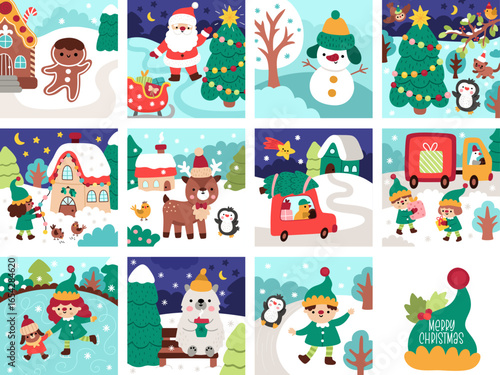 Vector square Christmas village landscapes set. New Year scenes collection with Santa Claus, elves, animals, birds. Festive winter holiday backgrounds pack for kids with traditional characters