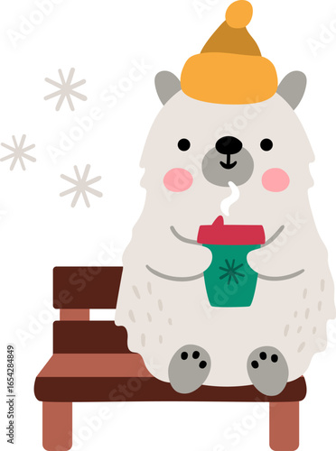 Vector cartoon polar or white bear in warm hat drinking hot drink. Christmas animal sitting on bench clipart. Cute new year symbol illustration for kids. Winter holiday icon isolated on white