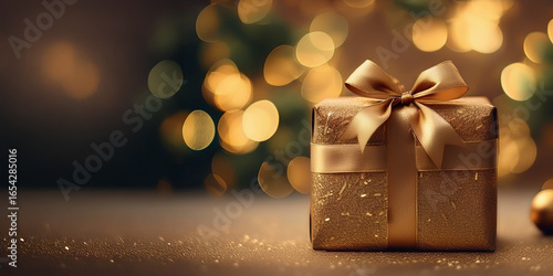 Golden Christmas gift box with bokeh lights – festive advertising background