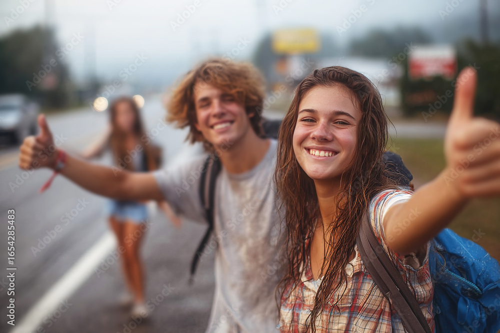 Young travelers enjoy hitchhiking on a road while searching for a ride during a fun adventure Young travelers enjoy hitchhiking on a road while searching for a ride during a fun adventure