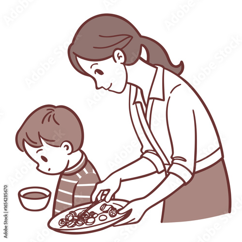 A caring mother prepares a nutritious meal for her child, showing love and support through healthy food isolated on white background