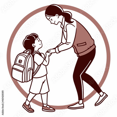A loving mother is sending her child to school with a backpack, isolated on white background a heartwarming moment of love and happiness