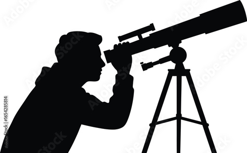 Man peering through a telescope at the night sky silhouette