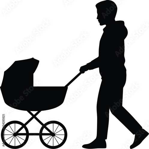 Man pushing a baby stroller in a classic silhouette style