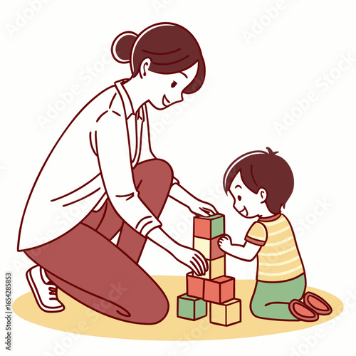 A mother and child are playing with blocks together, stacking them up in a tower, isolated on white background it is a fun and educational activity