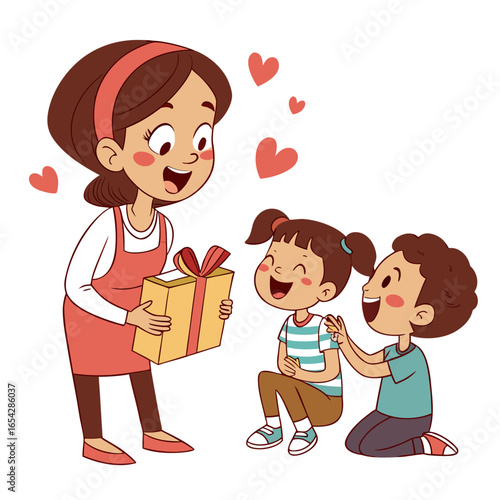 A mother is giving a gift to her children, they are happy and excited isolated on white background