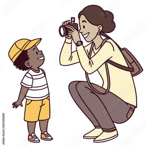 A mother is taking a picture of her child with a camera, isolated on white background it is a fun activity to capture memories