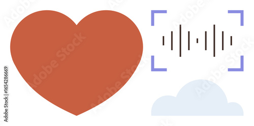 Red heart, soundwave graphic enclosed in brackets, and light blue cloud shape. Ideal for health, love, digital communication, empathy, audio cloud technology modern connection. Simple flat metaphor