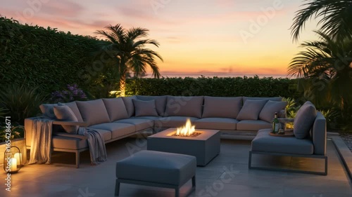 Cozy patio with a fire pit and comfy sofa under the sunset sky