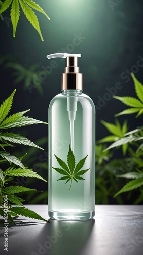 A light teal bottle of product, surrounded by lush green leaves