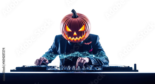 Halloween DJ with Pumpkin Mask Performing at a Party, isolated on white background, png