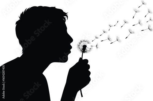 Man s profile silhouette blowing dandelion seeds into the wind silhouette