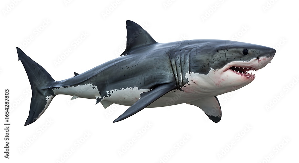 Fototapeta premium Great White Shark Isolated, Showing Teeth and Gills, Against a Clean White Background