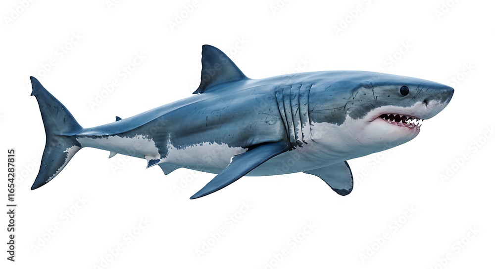 Naklejka premium Great White Shark Isolated, Showing Teeth and Gills, Against a White Background