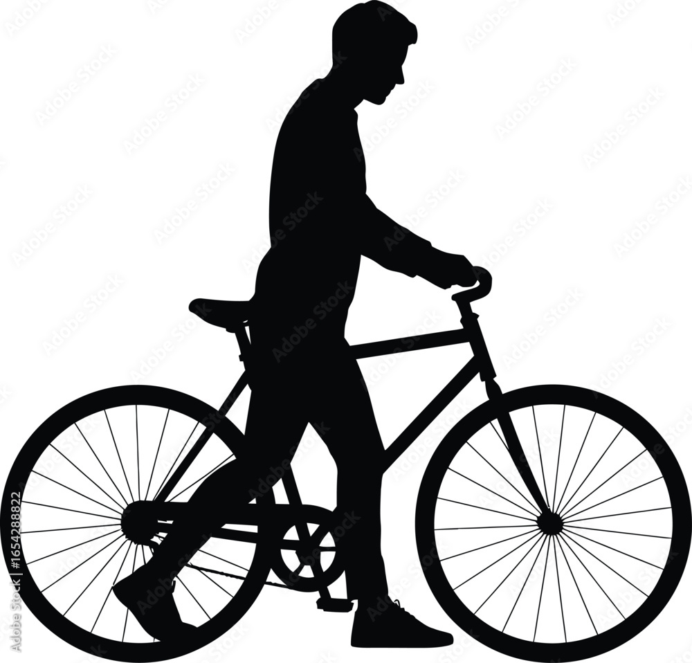 Obraz premium Man walking beside his bicycle in a stark black silhouette against white