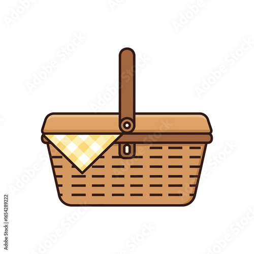 Stylized vector illustration of a classic wicker picnic basket with a cheerful yellow checkered cloth, perfect for outdoor dining, summer adventures, and delightful leisure activities.