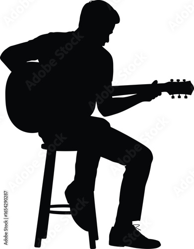 Musician playing guitar sitting on a stool silhouette