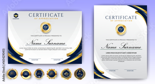 Certificate of appreciation template, gold and blue color. Clean modern certificate with gold badge. Certificate border template with luxury and modern line pattern. Diploma vector template.