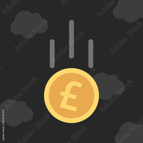 British pound sterling coin falling in dark gloomy black sky. Financial crisis, savings, inflation, currency and exchange rate concept. Flat design. EPS 8 vector illustration