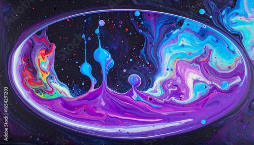 A vibrant, abstract design showcases a swirling galaxy of hues, with drips and splatters, in a captivating oval frame.