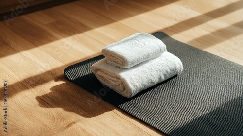 Folded towels on yoga mat