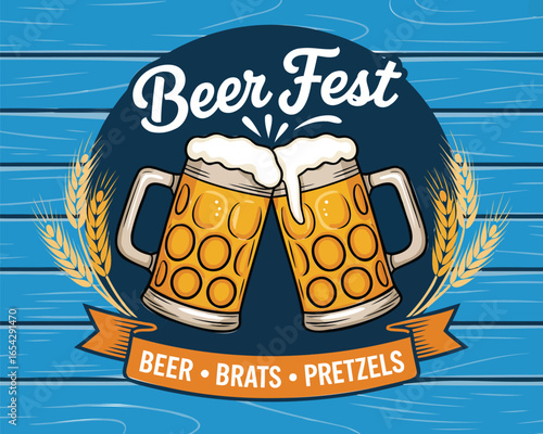 Beer Fest promotional graphic with clinking mugs, wheat stalks, and rustic blue wood background featuring “Beer - Brats - Pretzels” banner