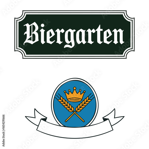 Traditional Biergarten sign with Germanic font and emblem featuring crown and wheat, symbolizing beer culture and brewing heritage