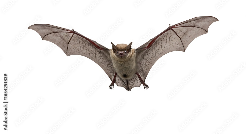 Fototapeta premium Isolated bat with wings spread wide, showcasing intricate wing membrane details against a white background