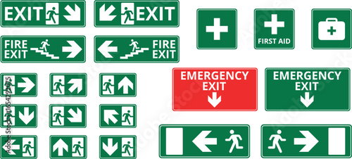 Emergency evacuation exit icons set, fire escape direction safe area signs