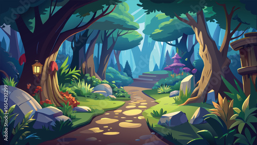 Colorful cartoon illustration of a forest with tall trees and grassy areas, creating a cheerful outdoor atmosphere..eps