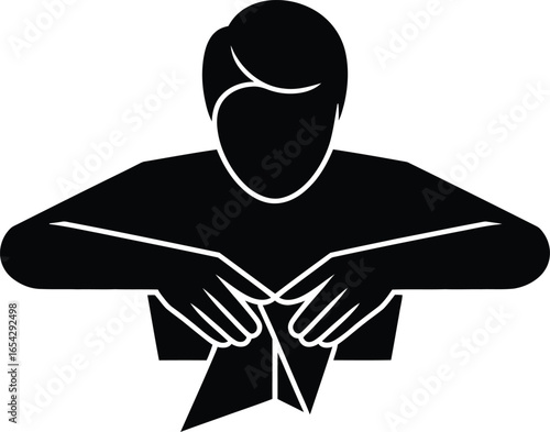 Person s hands meticulously folding paper in a clean silhouette against a white background