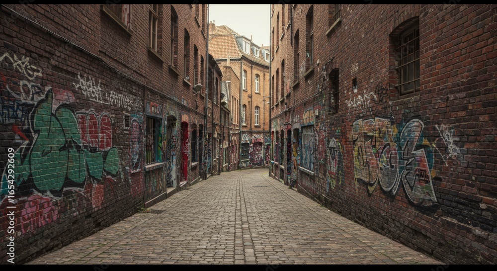 Naklejka premium Urban exploration through vibrant graffiti alleyways of historic brick buildings