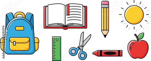 Illustration of school supplies including backpack book and stationery