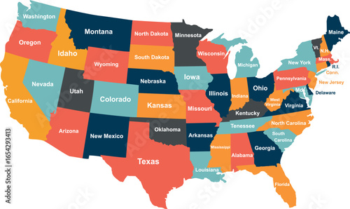 USA map with states and names, United States map with abbreviations vector . Realistic Map illustration 