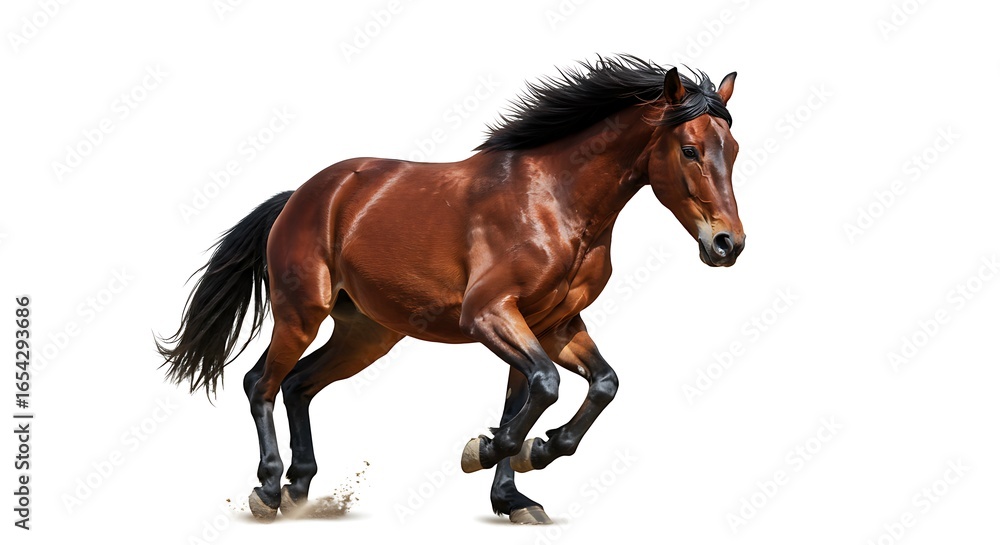 Fototapeta premium Majestic chestnut horse gallops powerfully, mane flowing, isolated on white background