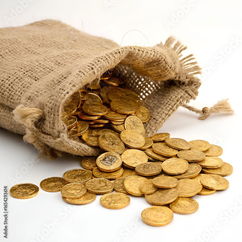 A burlap sack overflowing with shiny golden coins.
