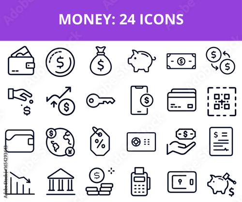 Money icon set featuring various symbols of finance and transactions  