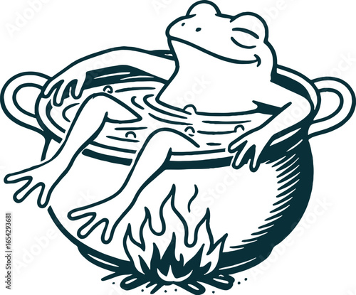 Frog Relaxing in a Burning Jacuzzi Cauldron, Engraving Style, Vector